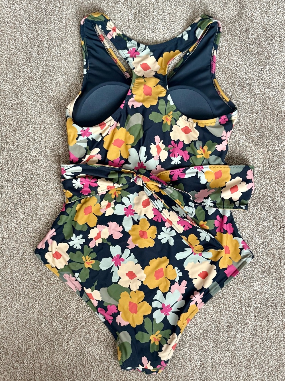 Floral One-Piece Swimsuit in Navy with Yellow & Pink Blooms DownEast Small - Picture 2 of 3